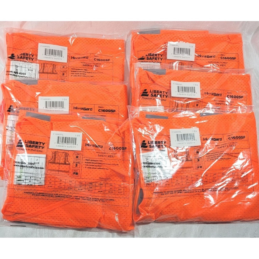 LOT: 6 Liberty Safety High Visibility Break-Away‎ Mesh Safety Vests - Orange - L
